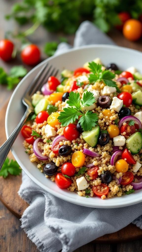 A colorful Mediterranean quinoa salad with cherry tomatoes, cucumbers, olives, red onions, and feta cheese, garnished with parsley.