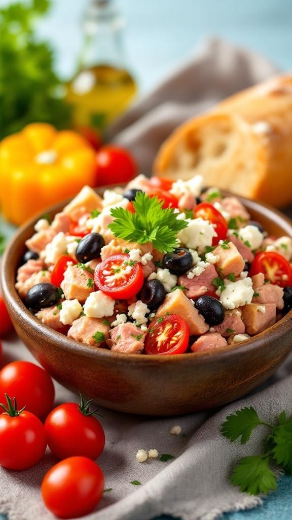 A bowl of Mediterranean Tuna Salad with feta, olives, and cherry tomatoes, garnished with fresh herbs.