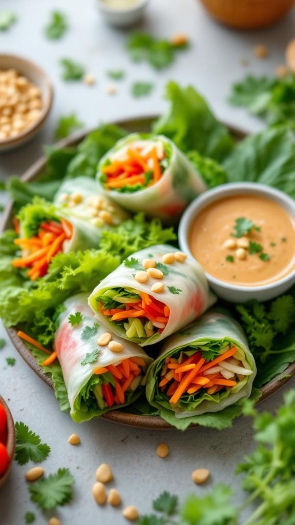 A plate of fresh summer rolls filled with colorful vegetables and served with peanut dipping sauce