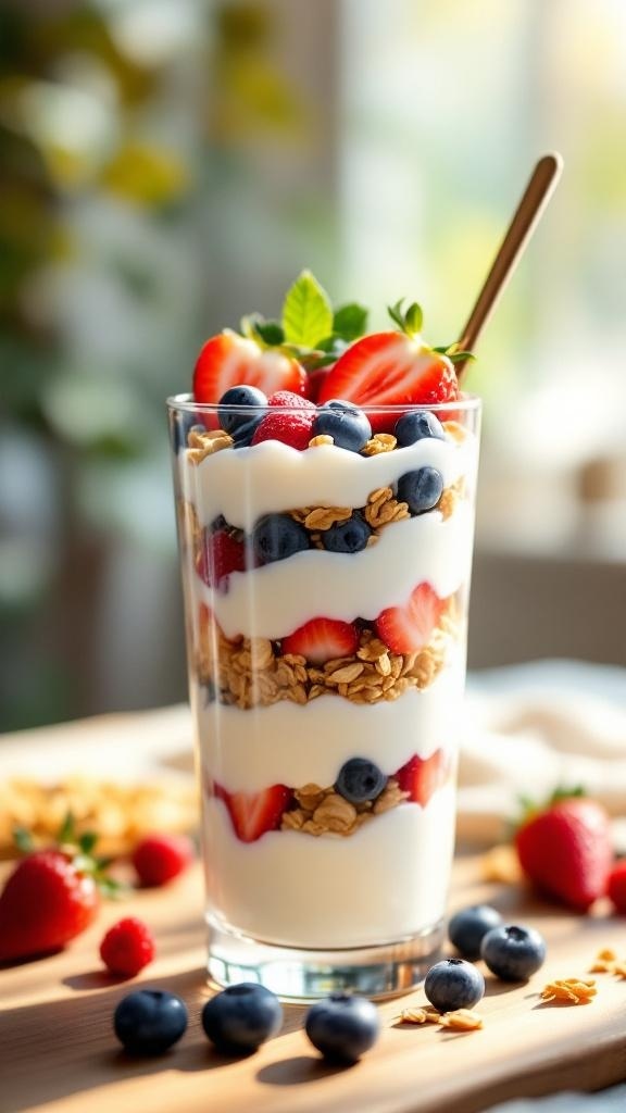 A yogurt parfait with layers of yogurt, granola, strawberries, and blueberries in a tall glass, garnished with mint leaves.