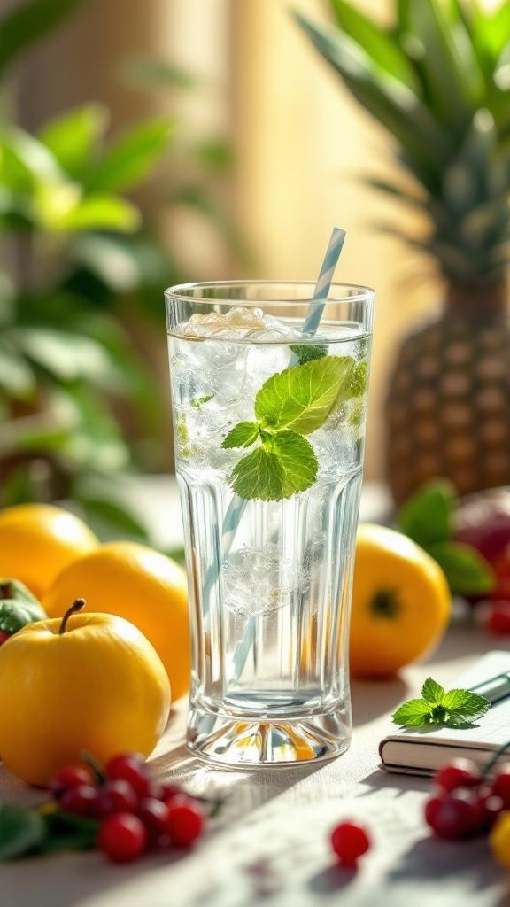 A clear water bottle surrounded by fresh fruits on a pink background.
