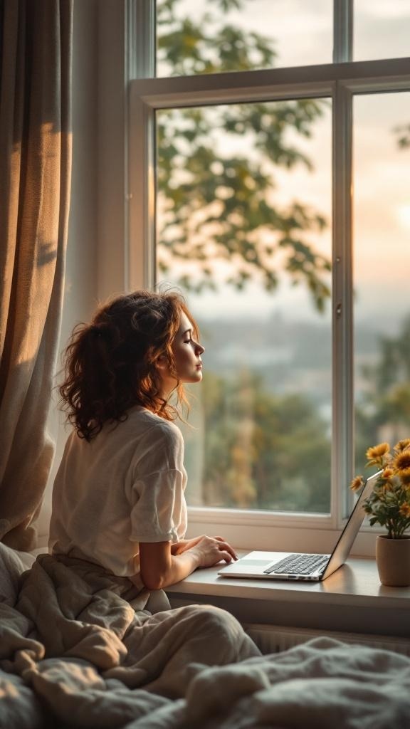 A woman sitting by a window with a laptop, looking outside, symbolizing the importance of taking screen breaks.