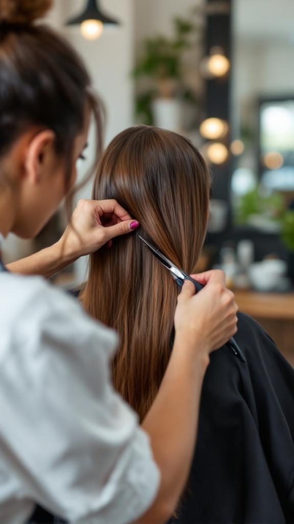 A stylist trimming a client's long hair in a salon setting.
