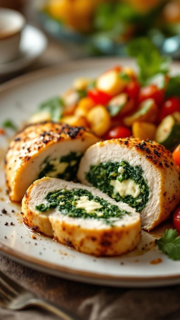 Spinach and feta stuffed chicken breast sliced open, revealing the green filling, served with a colorful salad.
