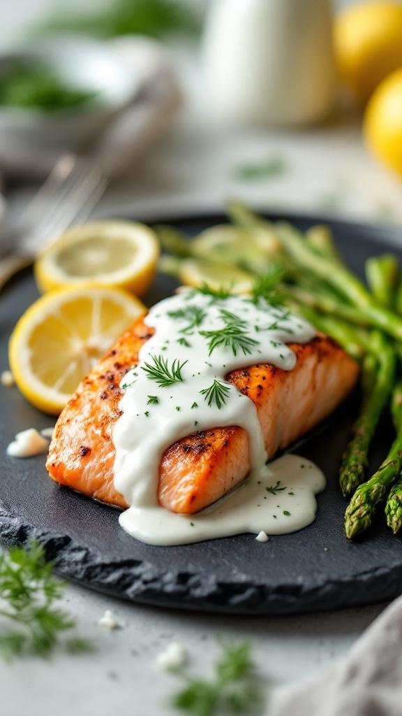 Baked salmon fillet with dill sauce, lemon slices, and asparagus on a black plate.