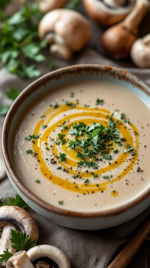 A bowl of creamy mushroom soup garnished with parsley and olive oil, with mushrooms in the background.