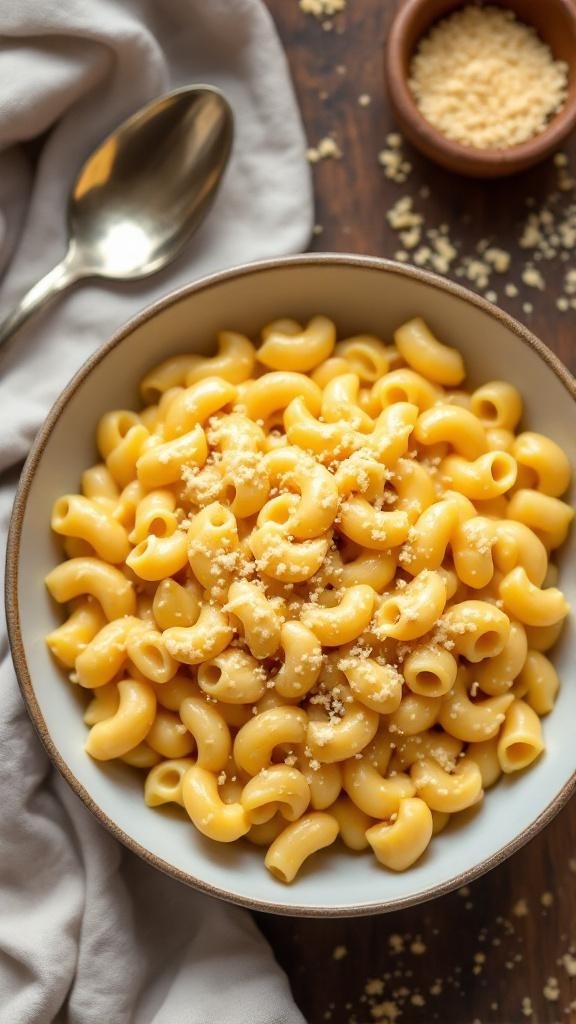 A bowl of creamy vegan mac and cheese topped with breadcrumbs.