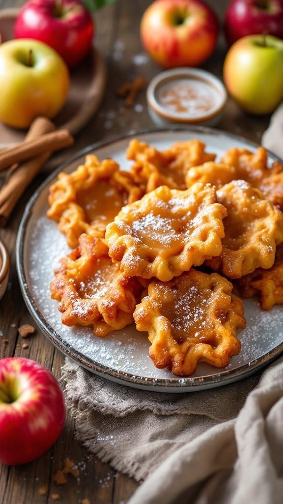 A plate of apple fritters dusted with powdered sugar, surrounded by fresh apples and cinnamon sticks.