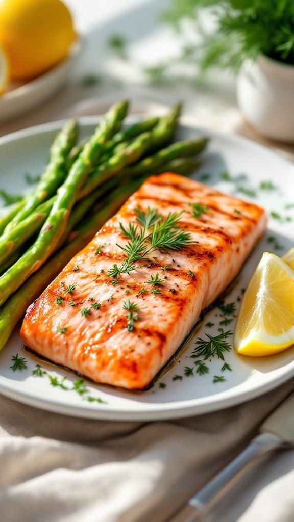 Grilled salmon fillet with asparagus and lemon on a plate