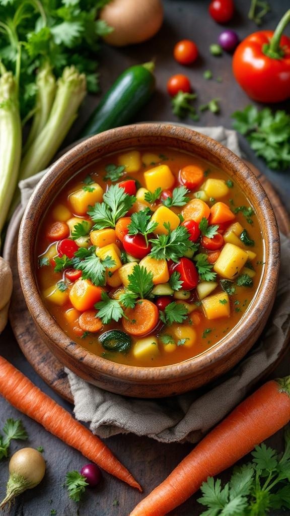 A bowl of colorful vegetable soup with fresh herbs and vegetables around it.