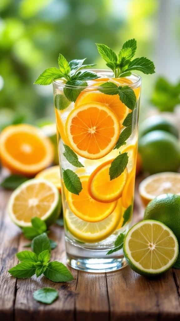 A refreshing glass of Citrus Burst Detox Water with slices of oranges, lemons, and limes, garnished with mint leaves.