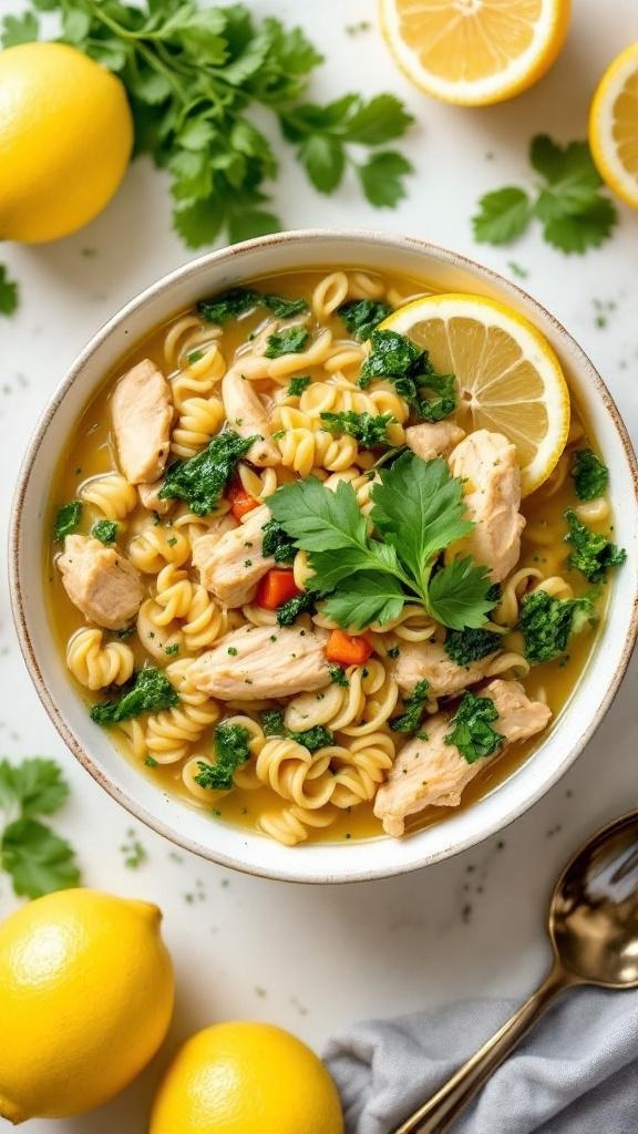 A bowl of Lemon Chicken Orzo Soup with chicken, orzo pasta, and lemon slices