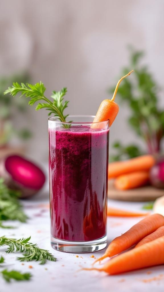 A glass of beet and carrot juice garnished with a carrot, surrounded by fresh beets and carrots.