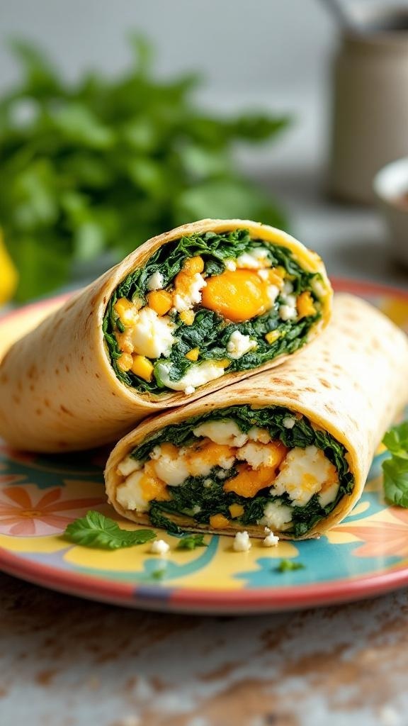 A delicious spinach and feta breakfast wrap cut in half, showcasing the vibrant filling.