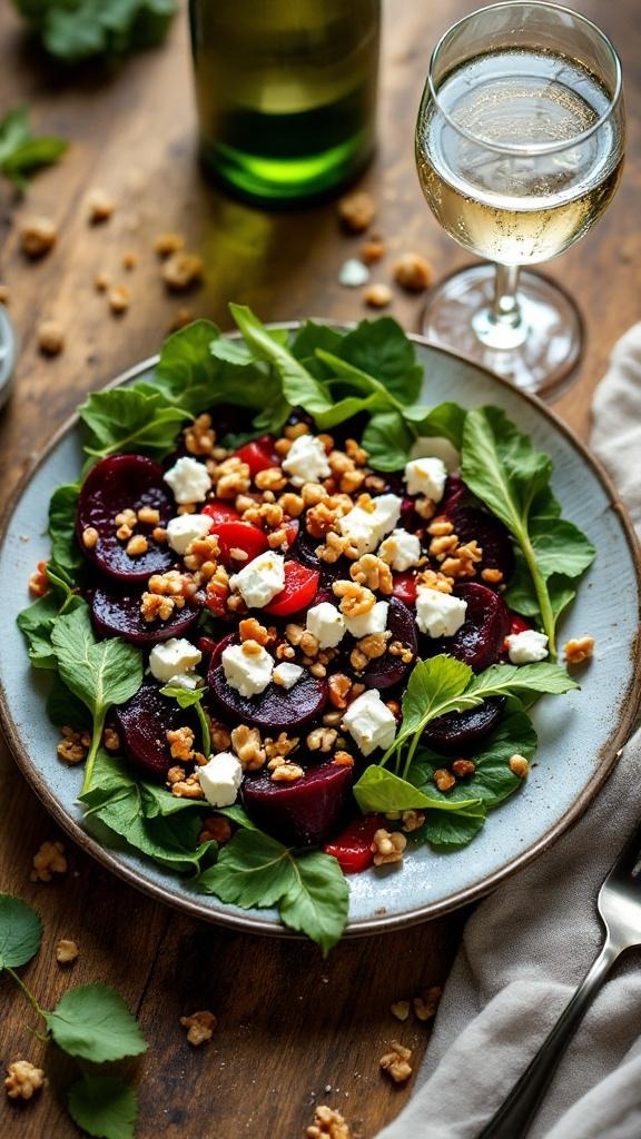 A plate of roasted beet salad with goat cheese, walnuts, and greens, accompanied by a glass of champagne.