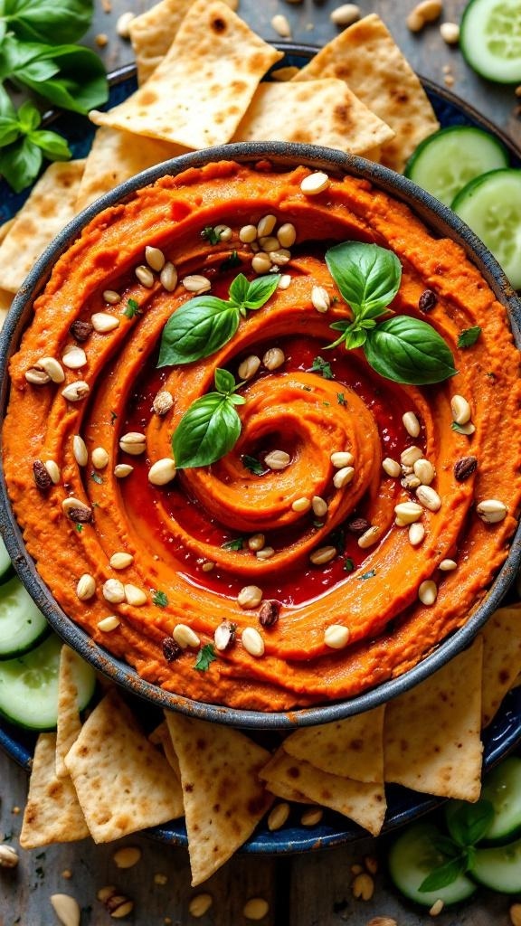 A bowl of roasted red pepper hummus garnished with pine nuts and basil, surrounded by pita chips and cucumber slices.