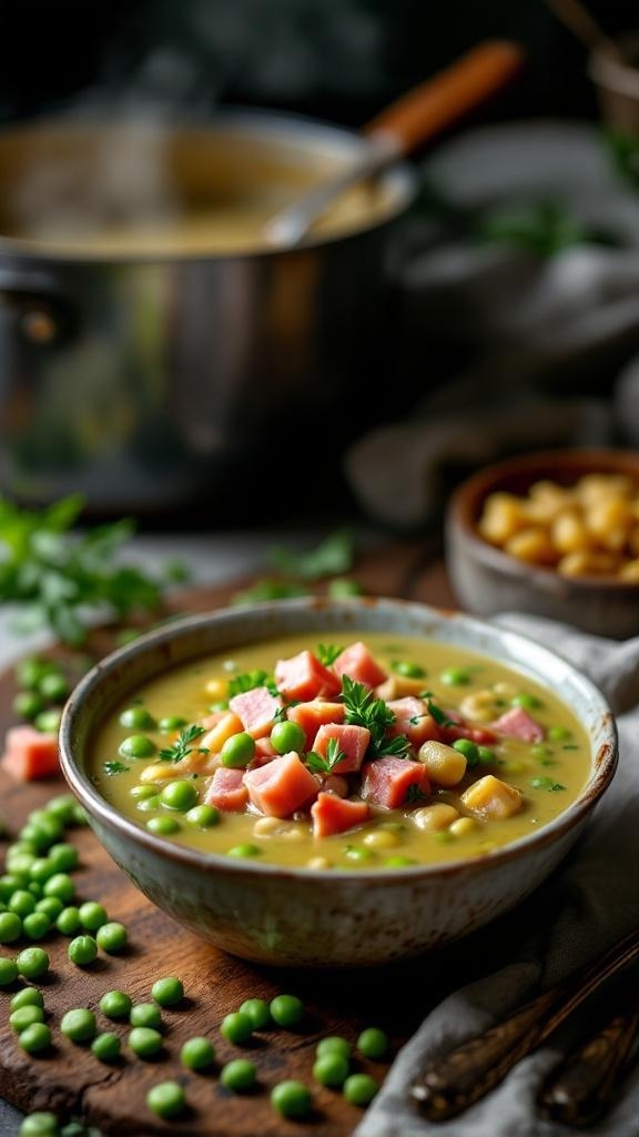 A bowl of hearty split pea soup with diced ham and fresh peas, set on a rustic wooden board.