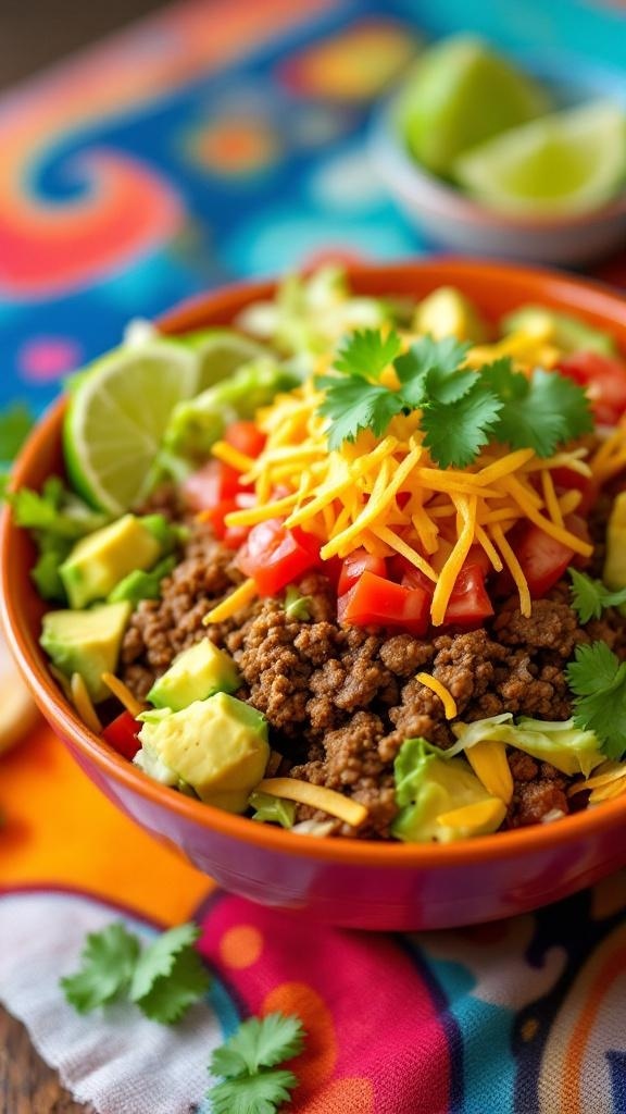 A colorful keto taco bowl with ground beef, diced tomatoes, avocado, shredded cheese, and lime wedges.