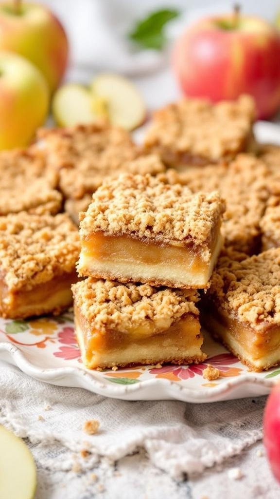 Delicious apple crumble bars stacked on a floral plate with fresh apples in the background.