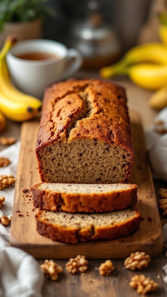 A loaf of freshly baked vegan banana bread with slices cut, surrounded by walnuts and bananas.