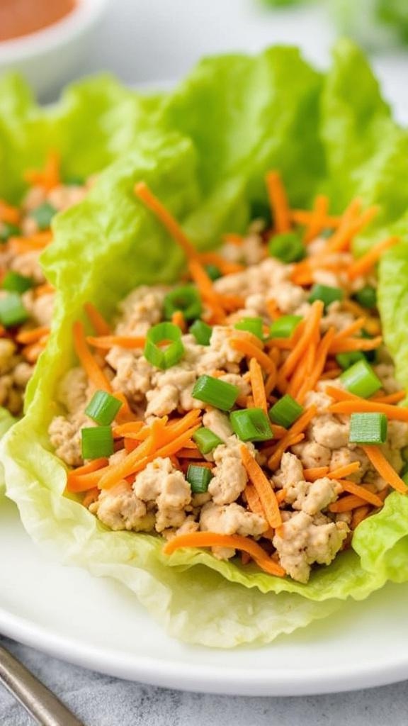 Turkey lettuce wraps with shredded carrots and green onions