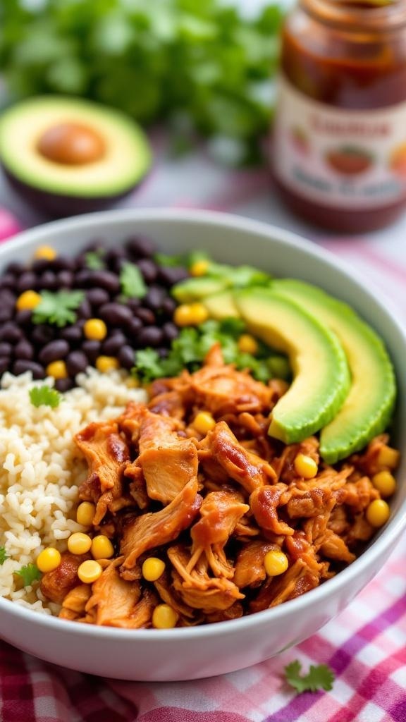 A bowl filled with barbecue chicken, cauliflower rice, black beans, corn, and avocado slices, garnished with cilantro.
