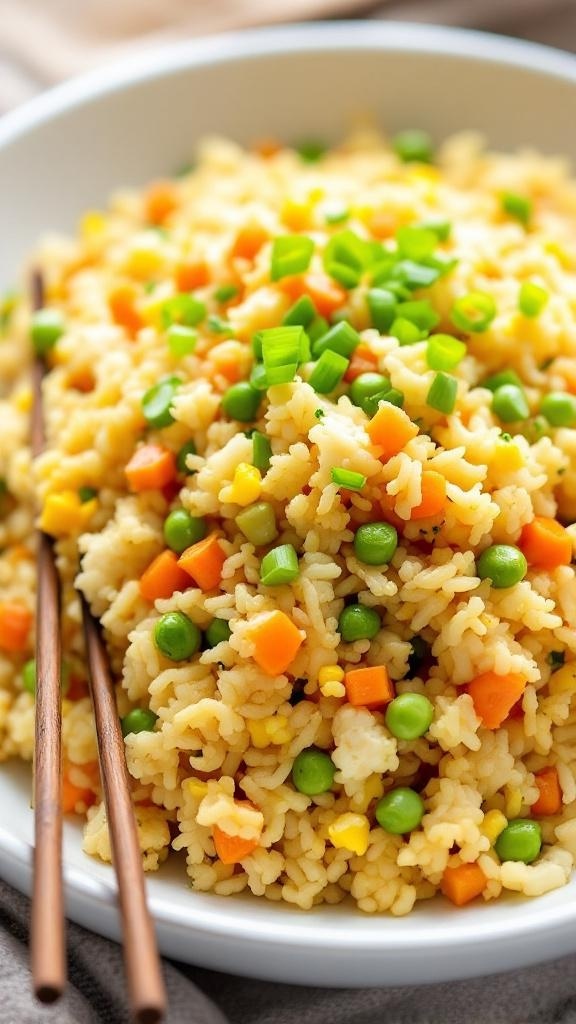 A bowl of colorful cauliflower fried rice with vegetables and green onions