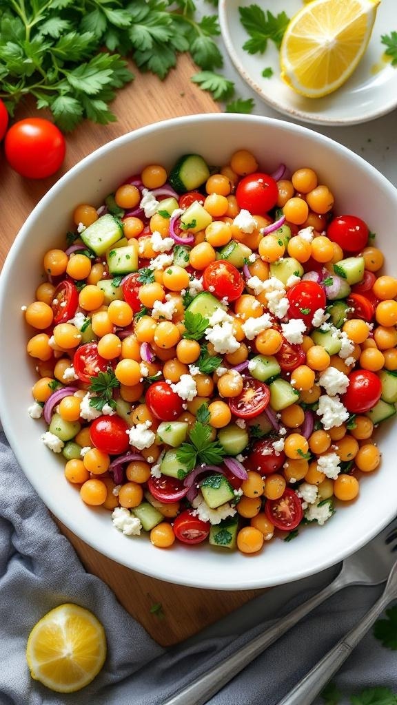 A colorful chickpea salad with feta cheese, cherry tomatoes, cucumbers, and parsley in a bowl.