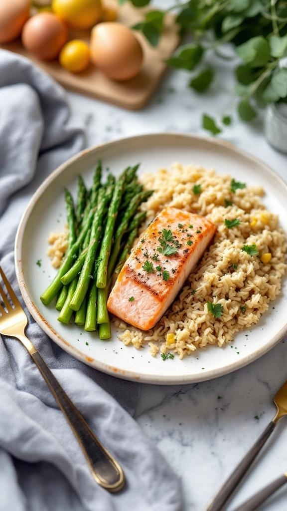 A plate of grilled salmon with asparagus and rice, garnished with herbs.