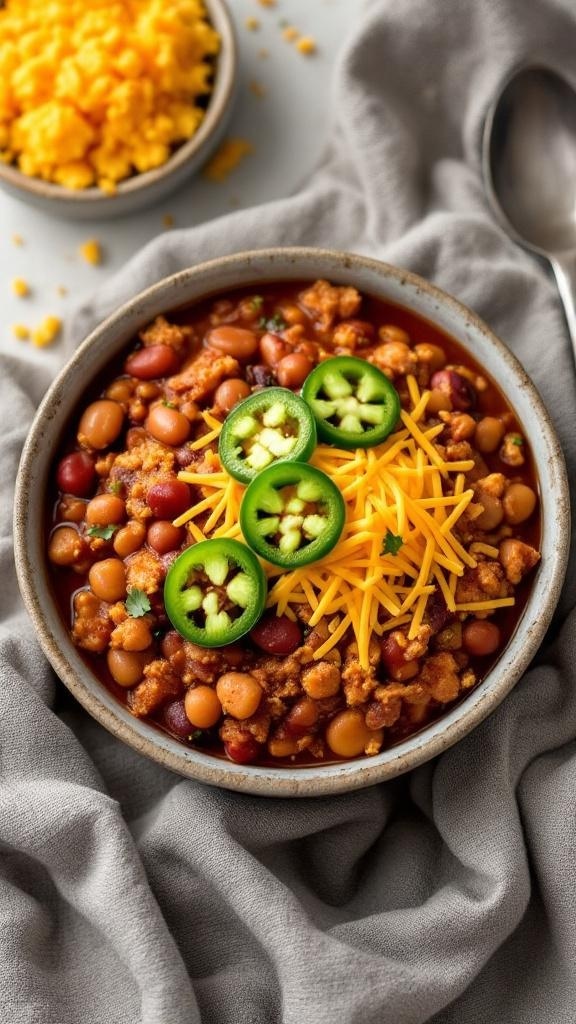 A bowl of keto chili with ground turkey, topped with jalapeños and cheese, served on a gray cloth.
