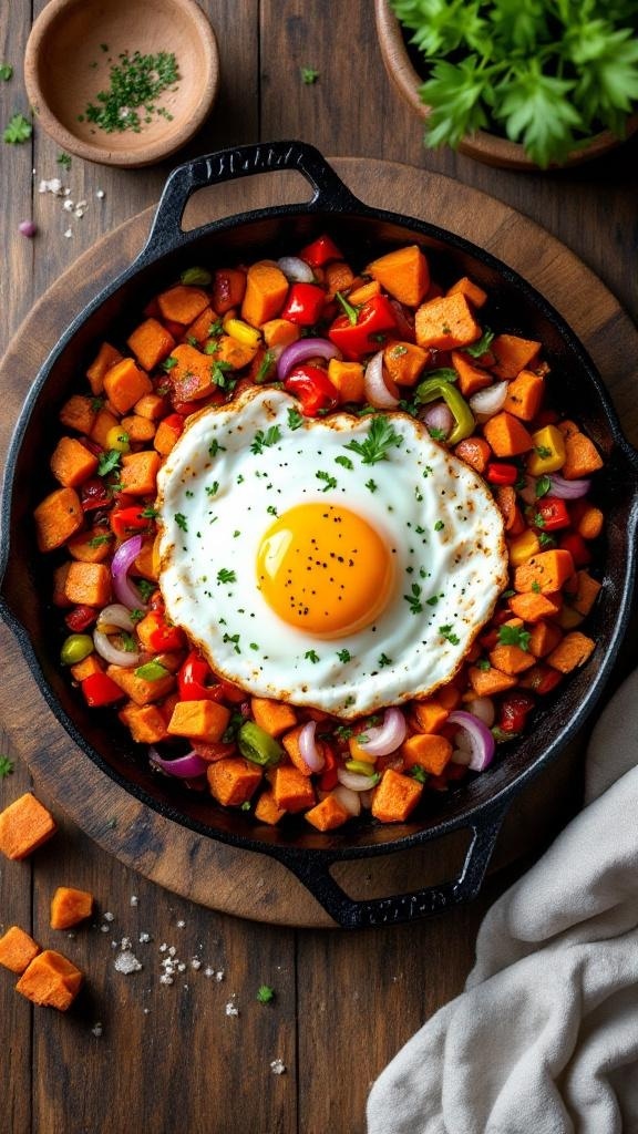 A colorful sweet potato hash topped with a fried egg, served in a skillet.