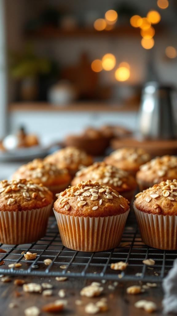 Freshly baked vegan muffins topped with oats on a cooling rack.