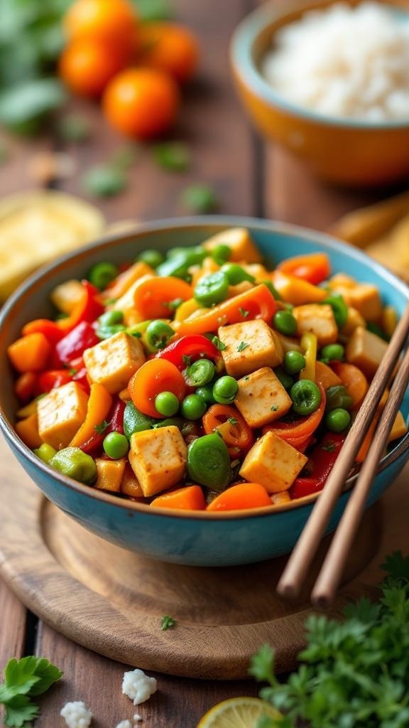 A colorful vegetable and tofu stir-fry in a blue bowl with chopsticks, surrounded by fresh ingredients.