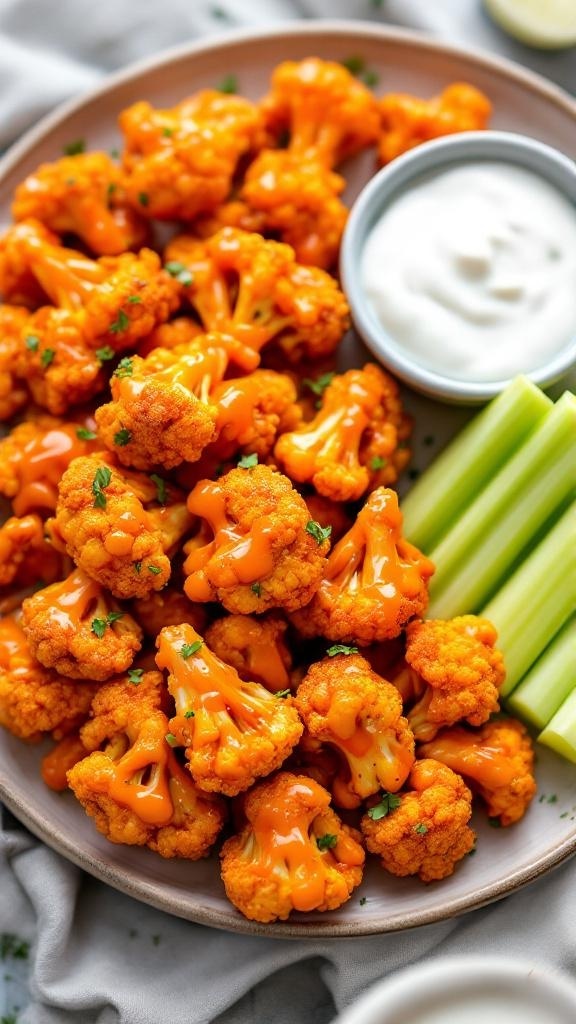 A plate of crispy vegan cauliflower wings drizzled with hot sauce, served with celery sticks and a creamy dip.