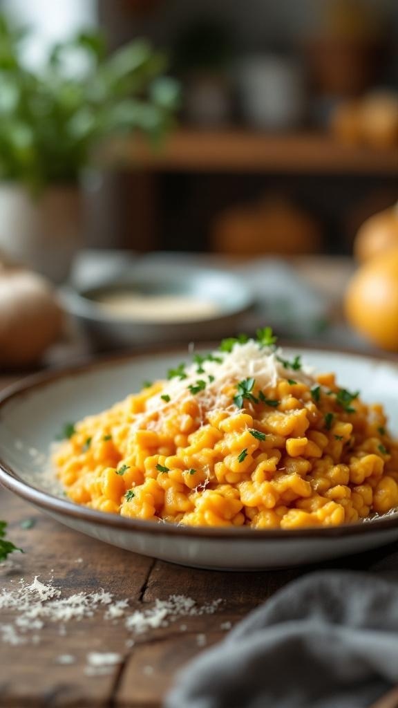 Creamy butternut squash risotto served in a bowl with parsley and cheese on top.