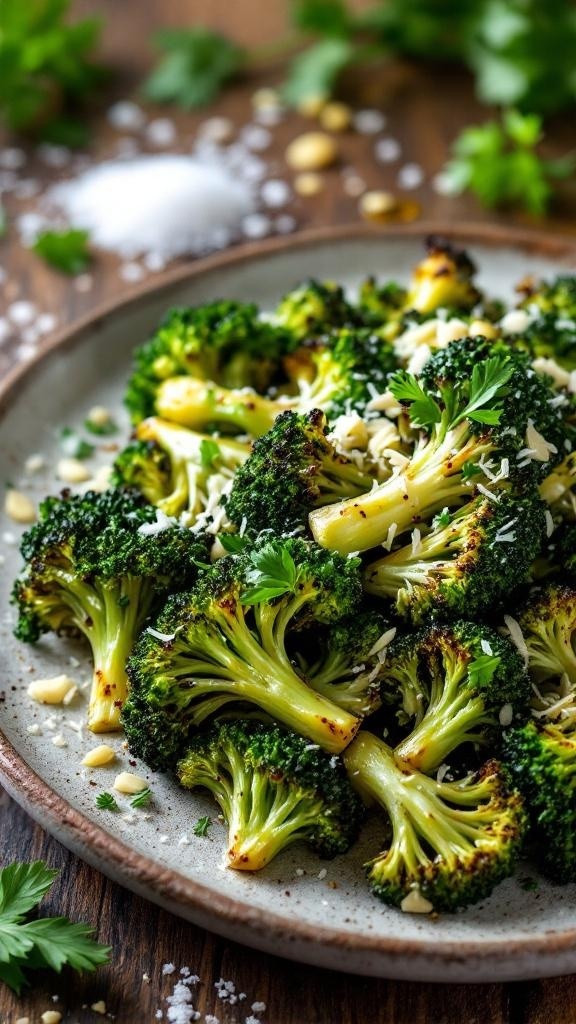 Plate of roasted garlic parmesan broccoli garnished with parsley
