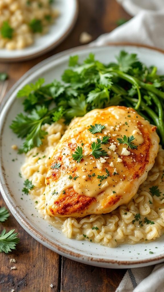 Creamy Garlic Parmesan Chicken served on a plate with noodles and garnished with parsley.