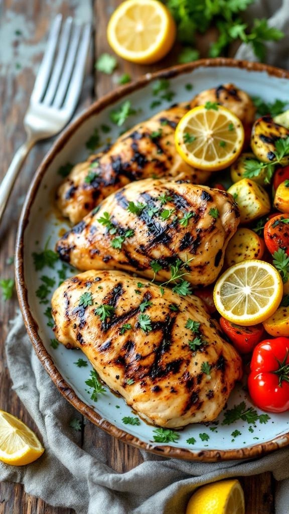 Grilled lemon herb chicken served with colorful vegetables and garnished with lemon slices.