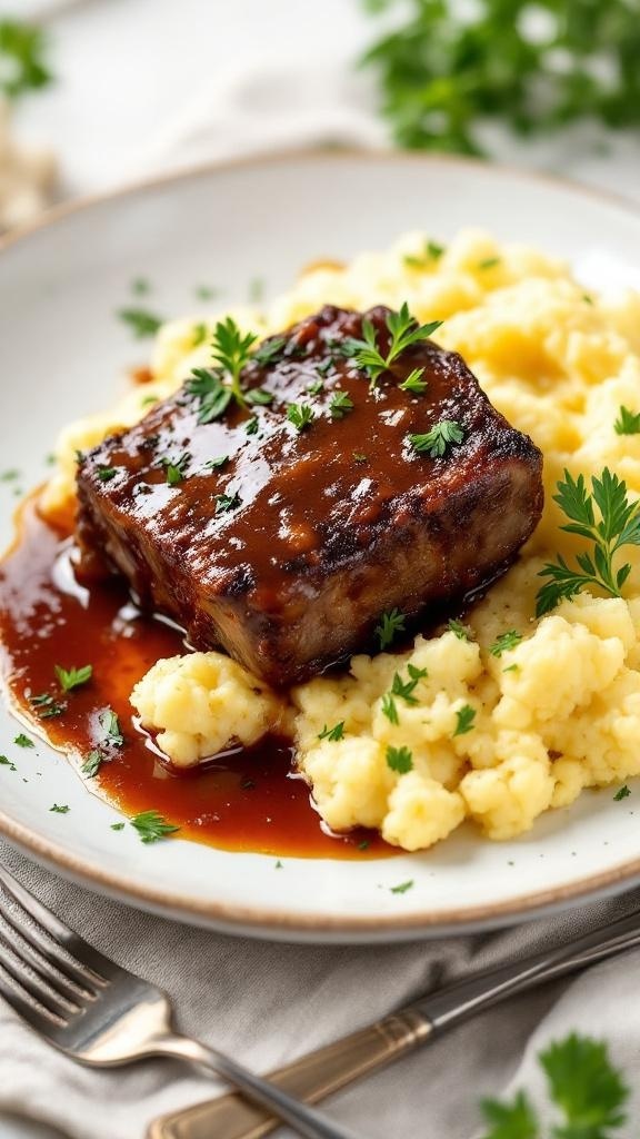 A plate of braised short ribs served with mashed potatoes and garnished with parsley.