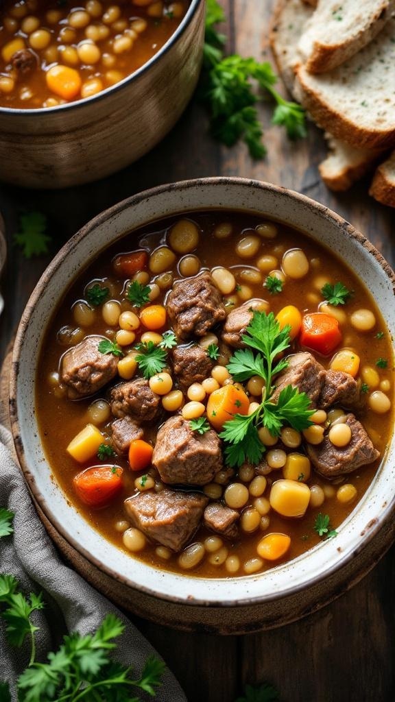 A bowl of beef barley soup with vegetables and herbs, served with slices of bread.