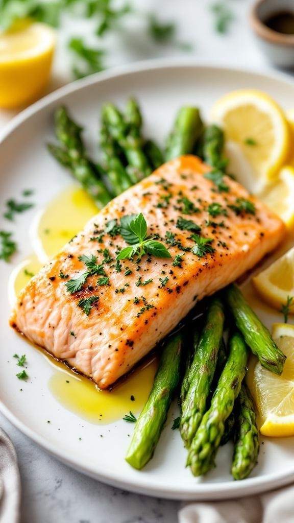 Baked salmon fillet with herbs and asparagus on a plate