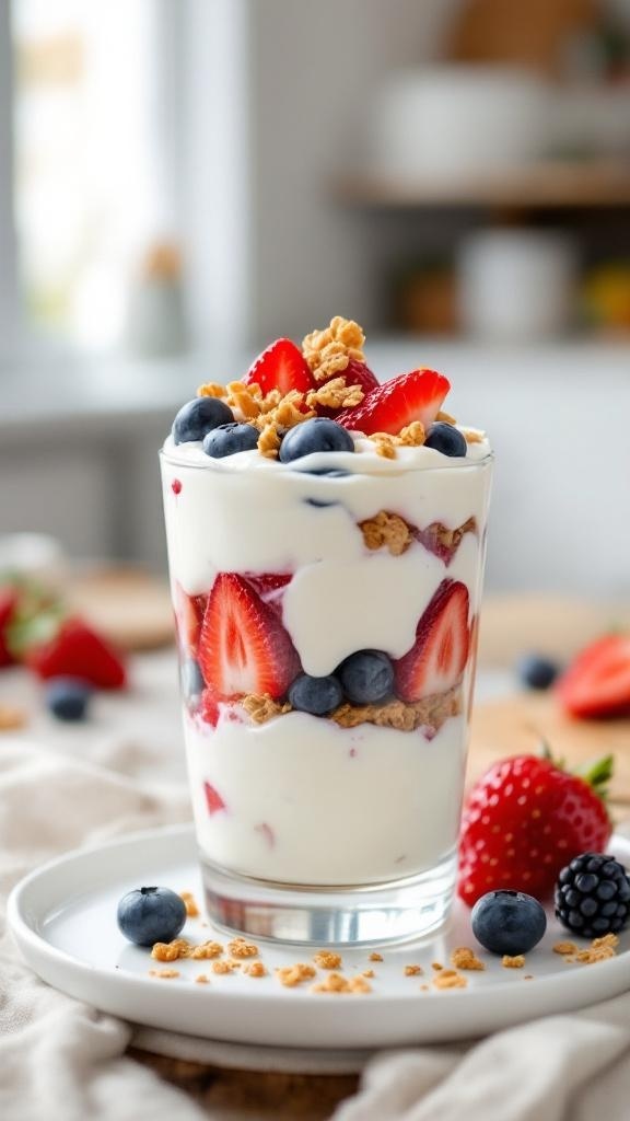 A delicious Greek yogurt parfait with layers of yogurt, strawberries, blueberries, and granola.