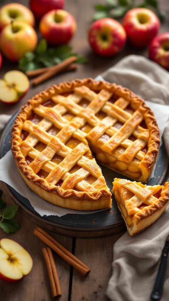 A freshly baked apple pie with a golden crust and sliced apples on the side.