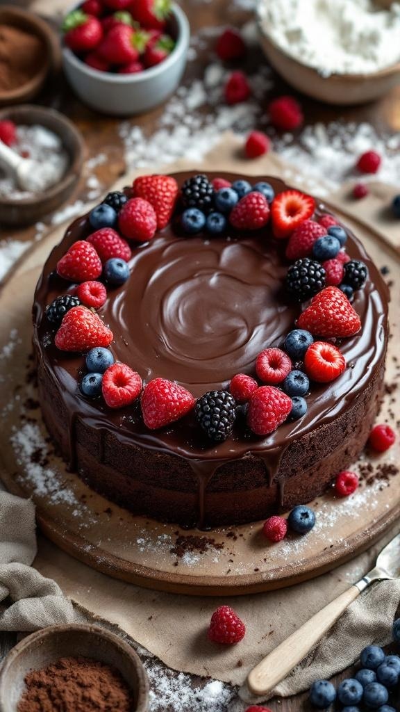 A delicious vegan chocolate cake topped with fresh berries and chocolate ganache.
