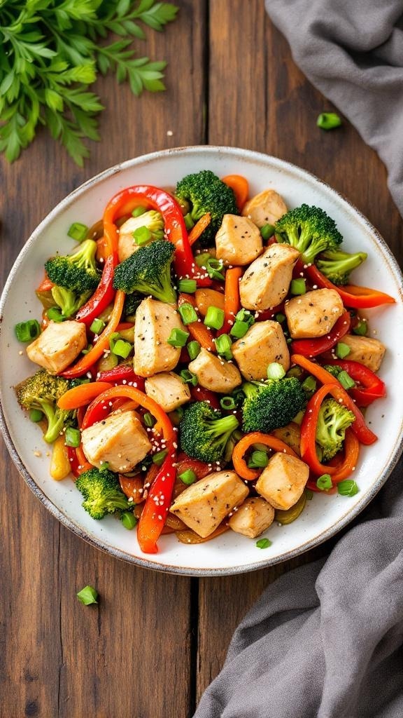 A colorful plate of Whole30 Chicken Stir Fry with chicken, broccoli, red bell peppers, and green onions.