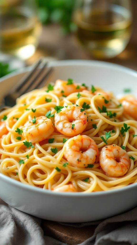 A bowl of garlic butter shrimp pasta garnished with parsley