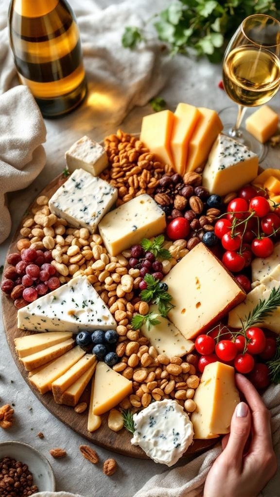 A beautifully arranged cheese platter with various cheeses, nuts, fruits, and a glass of champagne.