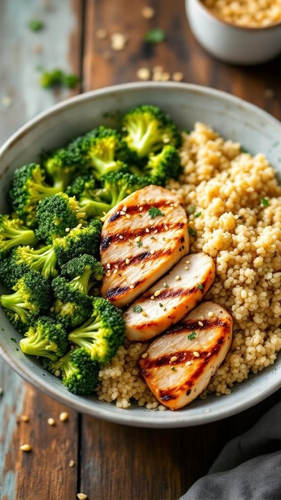 A delicious chicken and quinoa meal prep bowl with grilled chicken, broccoli, and quinoa.