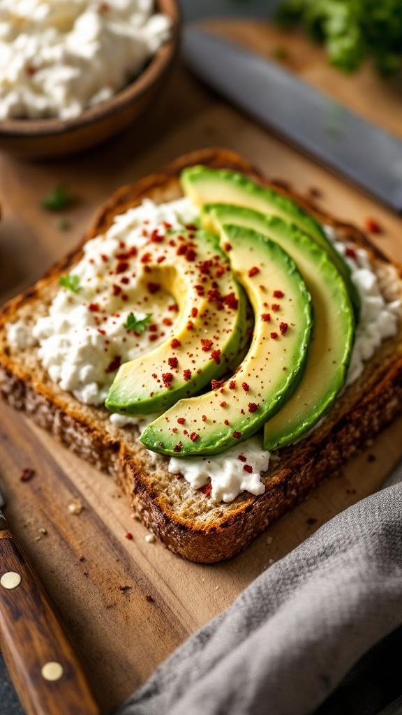 Cottage cheese toast topped with avocado slices and red pepper flakes