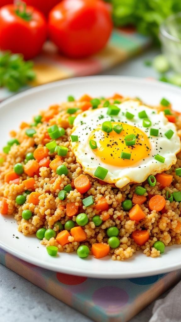 A plate of egg fried quinoa topped with a fried egg, peas, and diced carrots.